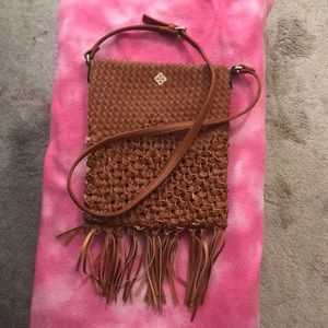 Brown Leather woven crossbody with fringe